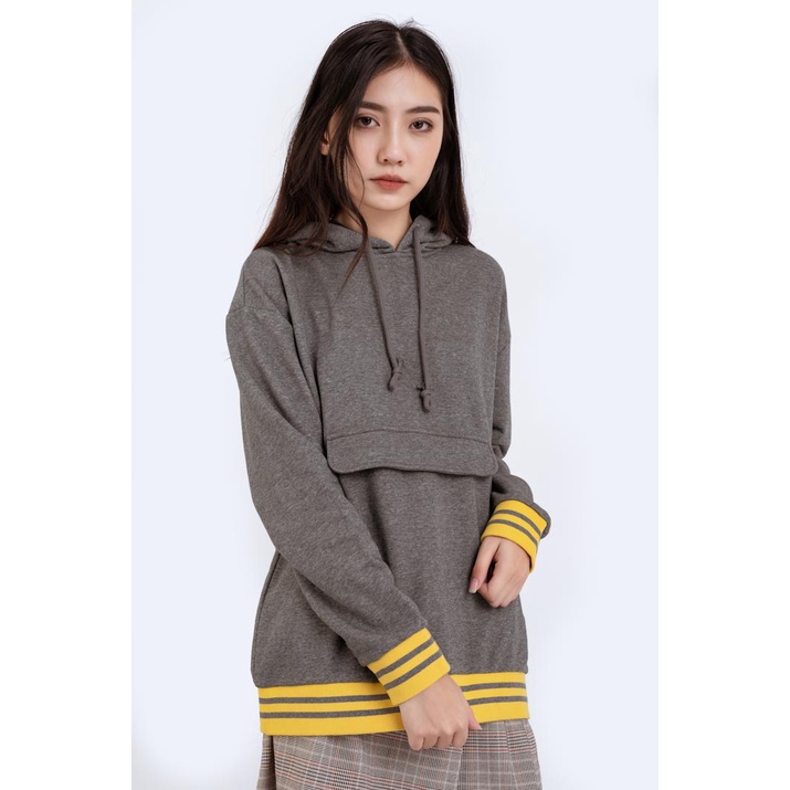 Áo Hoodie Nữ BOO Dáng Basic Nỉ Da Cá Màu Xám Phối Túi Giả