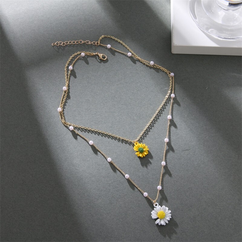 Fashion Korea Double Pearl Daisy Flower Pendant Necklace Earring All-match Jewelry For Women