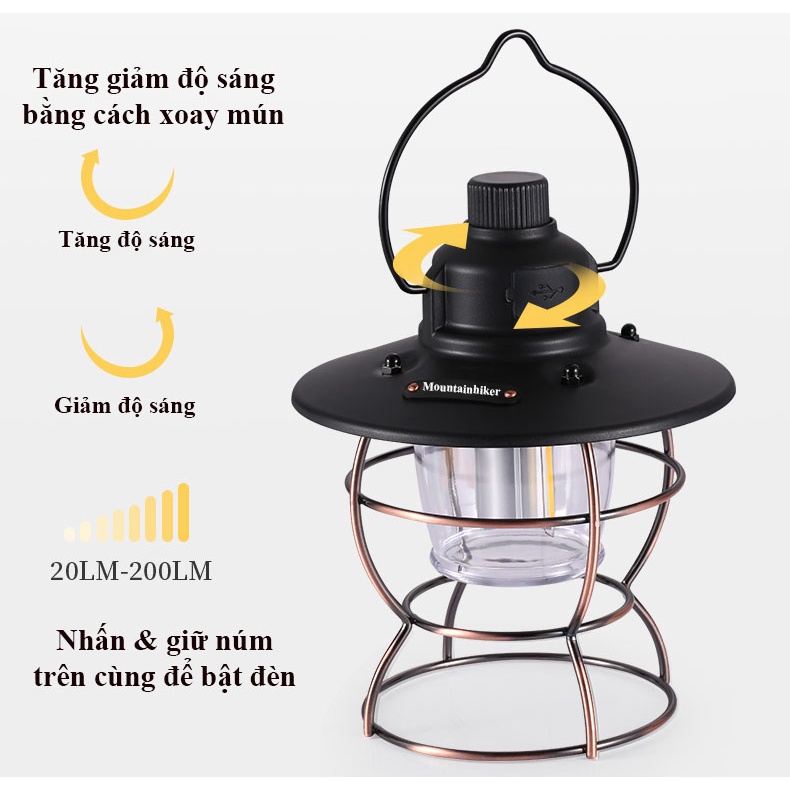 Đèn Dã Ngoại Tích Điện Mountainhiker - Đèn Cắm Trại Du Lịch Chống Mưa Bão 3 Chế Độ Sáng - BH 6 Tháng