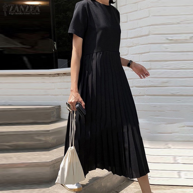 Đầm maxi ZANZEA màu trơn xếp ly cổ tròn tay áo một nửa phong cách retro cho nữ