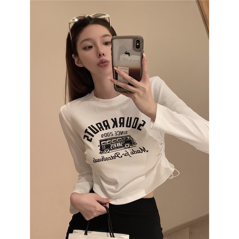 Áo Thun Tay Dài Dáng Ôm In Họa Tiết Kiểu retro Phối Dây Rút Phong Cách Hàn Quốc Thời Trang Cho Nữ