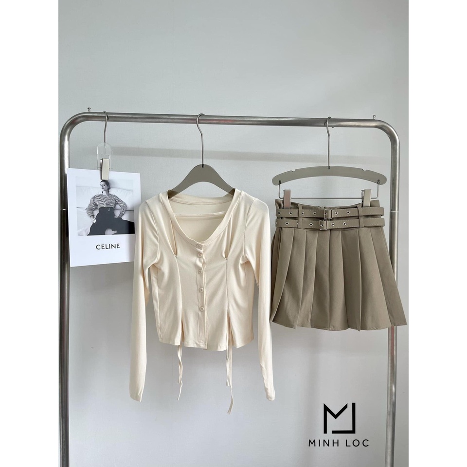 Set áo len be dài tay rút eo mix chân váy xếp ly kèm đai