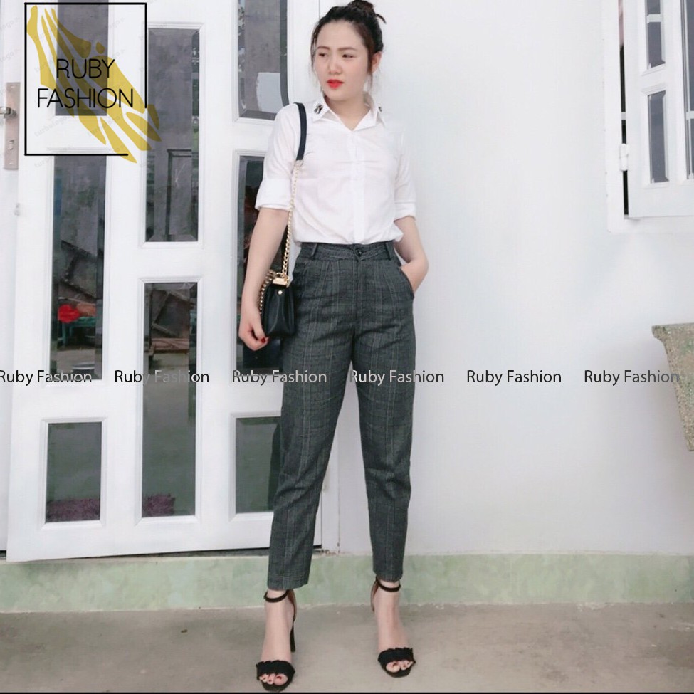 Quần baggy nữ Ruby Fashion công sở kẻ caro đậm, chất vải cao cấp