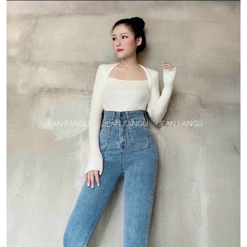 Quần Jeans Nữ hai nút Lưng Cao 2 Túi tròn Trước, Quần Jean nữ Co Giãn Tốt
