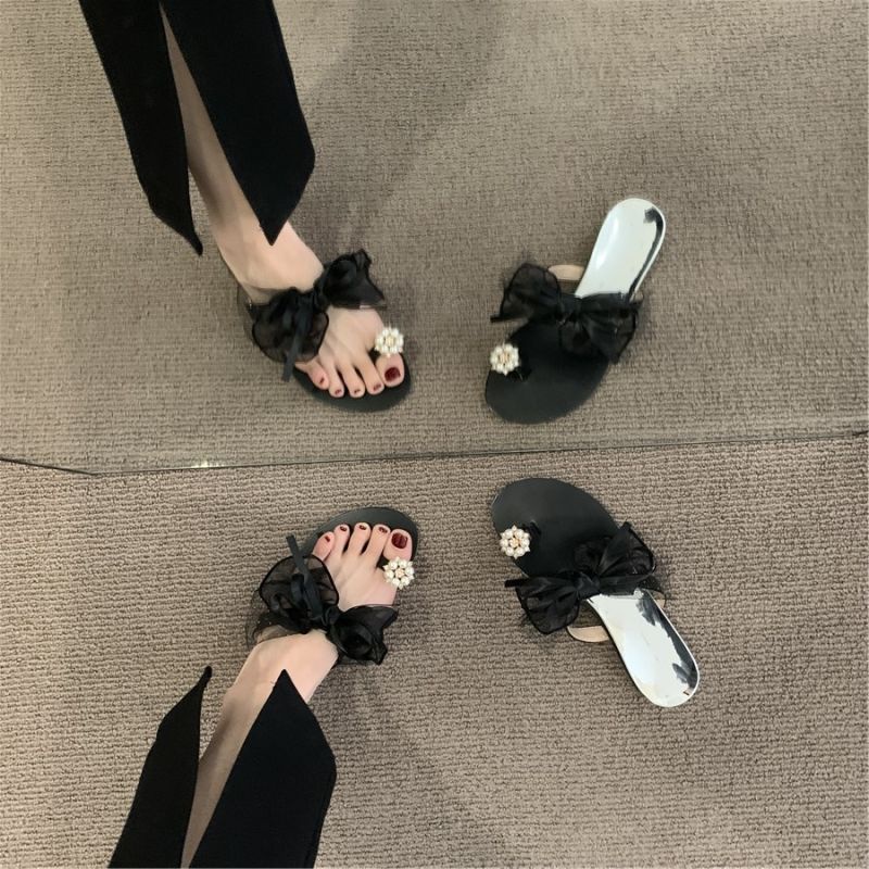 Giày Sandal Gót Thấp Hở Ngón Đính Nơ Phong Cách Thời Trang Xuân Hè Dành Cho Nữ