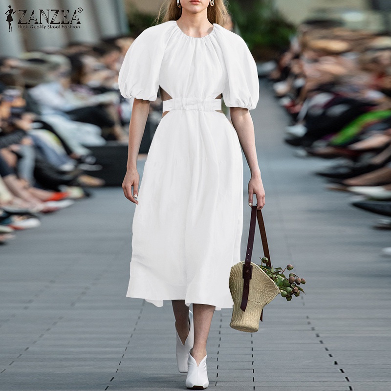 Đầm Zanzea thiết kế dài tay ngắn màu trơn thiết kế khoét eo phong cách châu Âu cho nữ