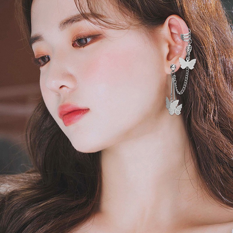 Hoa tai bông tai đẹp E2772 hồ điệp ánh bạc có dây chuyền kẹp vành tai thời trang phong cách Hàn Quốc một chiếc