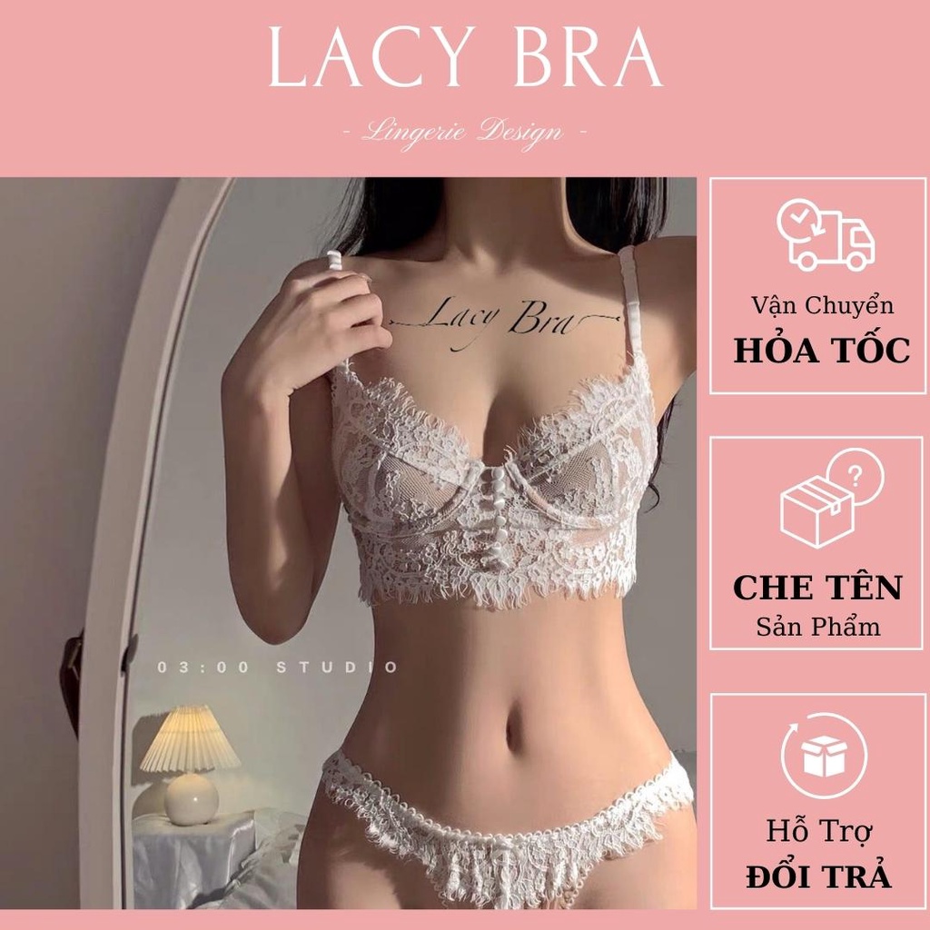 Bộ Bralette Có Gọng Nâng Ngực Cúc Giữa Ren Mềm Sexy Phối Quần Lọt Khe Lacy Bra - B08