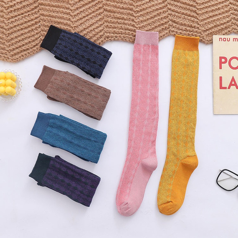 Youyo Vớ Cotton Cao Đến Đầu Gối Harajuku Kẻ Sọc Kim Cương Màu Trơn Cổ Điển Hàn Quốc Cho Nữ Sinh