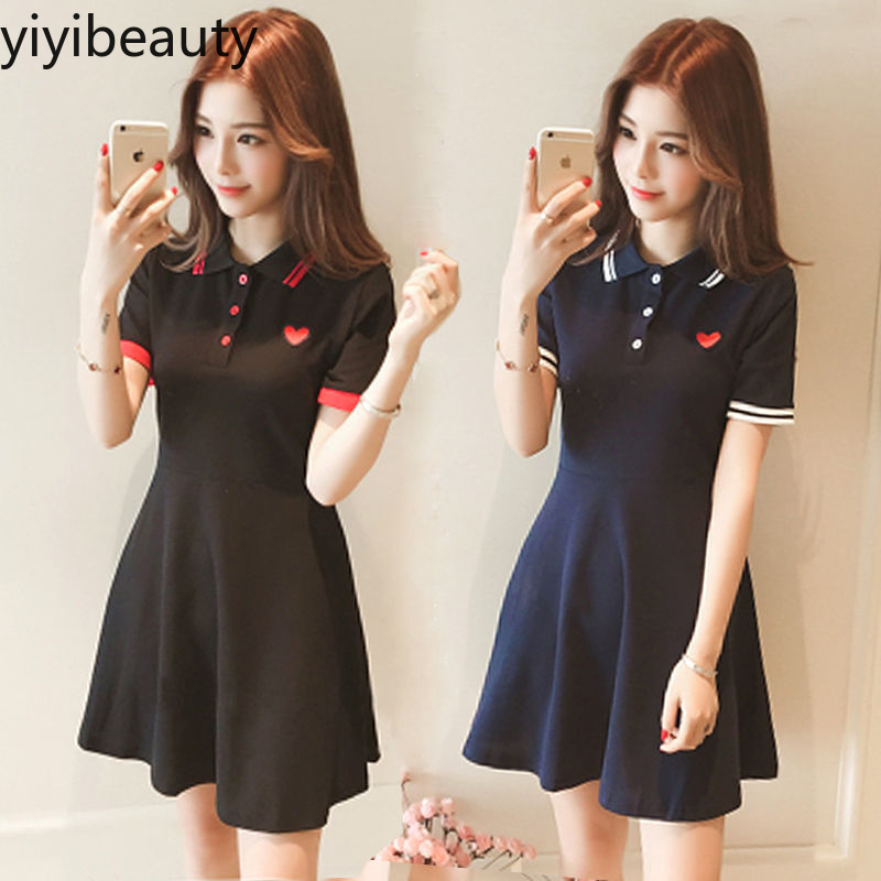 yiyibeauty Summer new Korean love embroidery women's polo collar a-line short sleeve black T-shirt dress