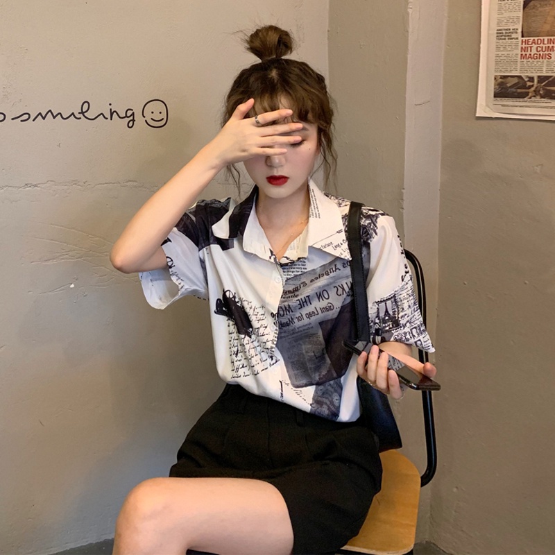 Áo Sơ Mi Tay Ngắn In Họa Tiết Cổ Điển Thời Trang Cho Nữ