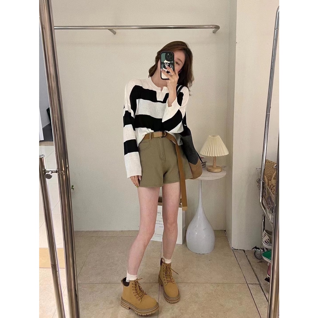 Áo len ZHELIHANGFEI tay dài cổ chữ V dáng rộng họa tiết kẻ sọc ngang