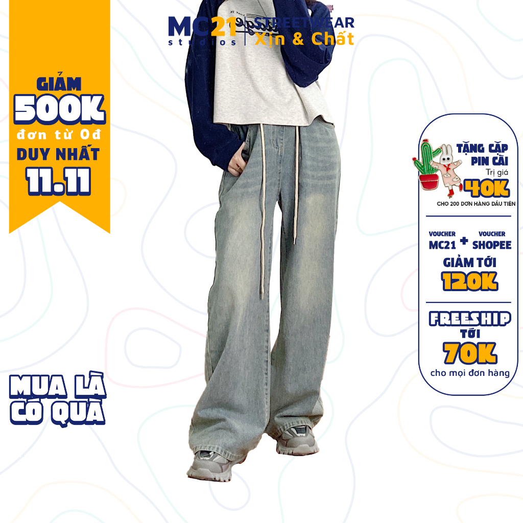 Quần jeans ống rộng MC21.STUDIOS cạp chun lưng cao Unisex nam nữ Ulzzang chất jean bò cao cấp dày dặn Q7192