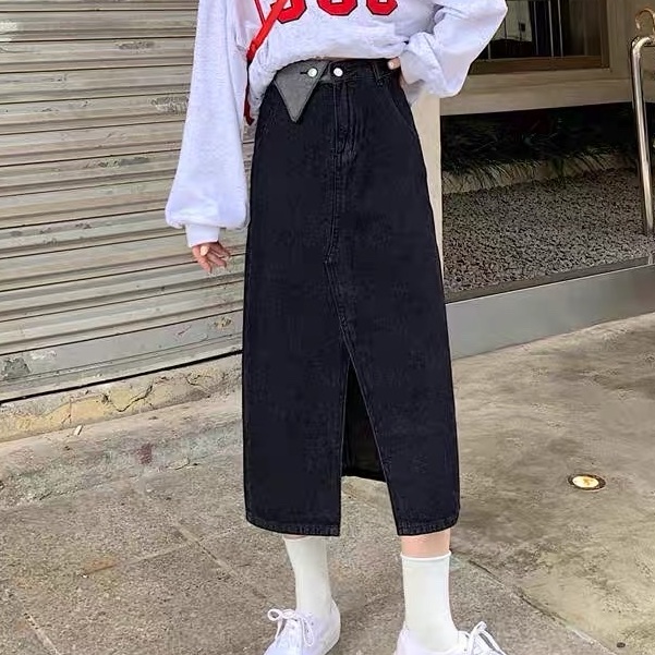 Chân váy jean kaki dáng dài, chân váy dài cạp cao hai màu xanh đen_A15