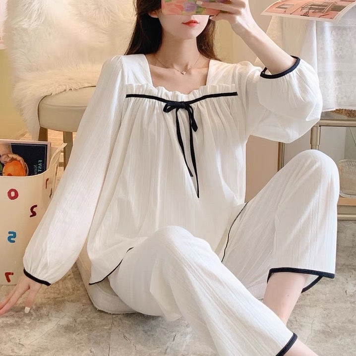 Bộ đồ ngủ tay dài cổ vuông chất liệu cotton thời trang xuân thu mới 2021 | BigBuy360 - bigbuy360.vn