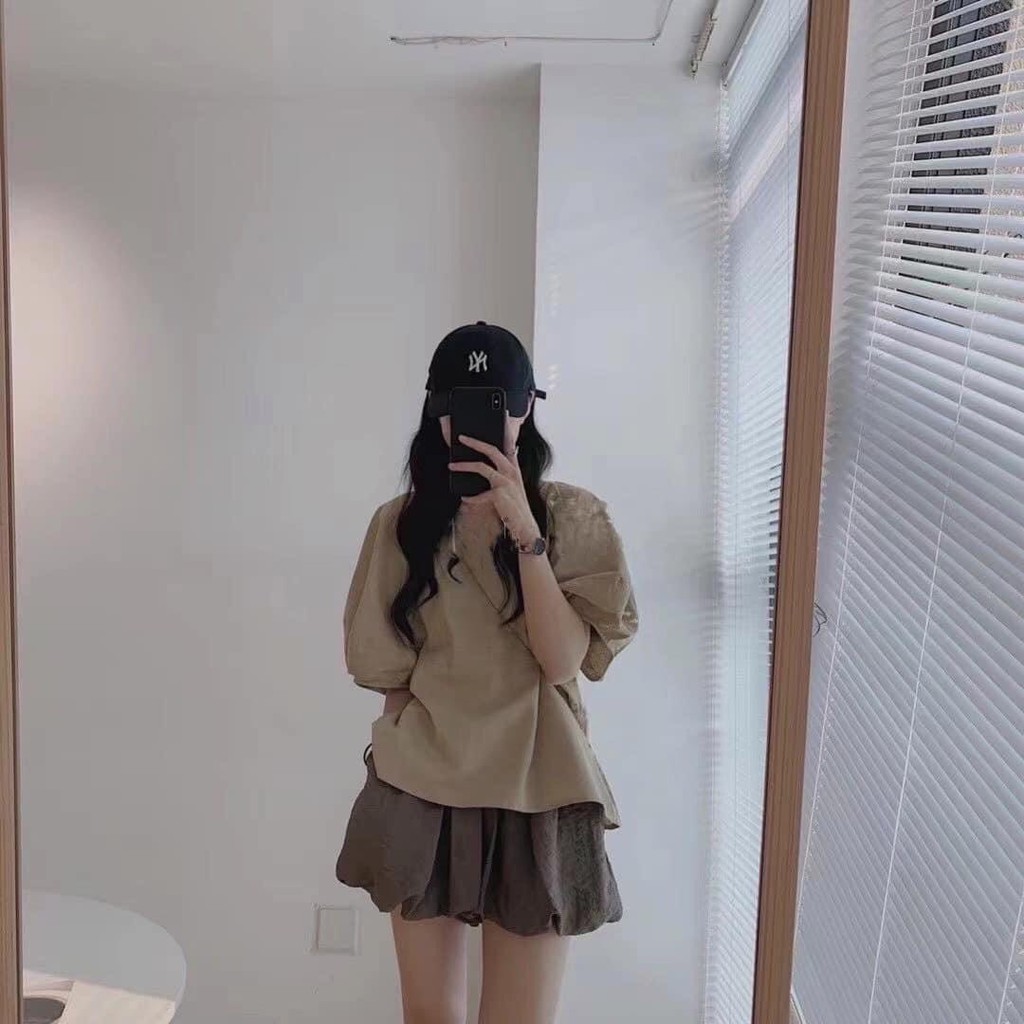 [Ảnh thật] Áo babydoll trơn tay bồng cổ tròn - Áo sơ mi cổ tròn tay bồng