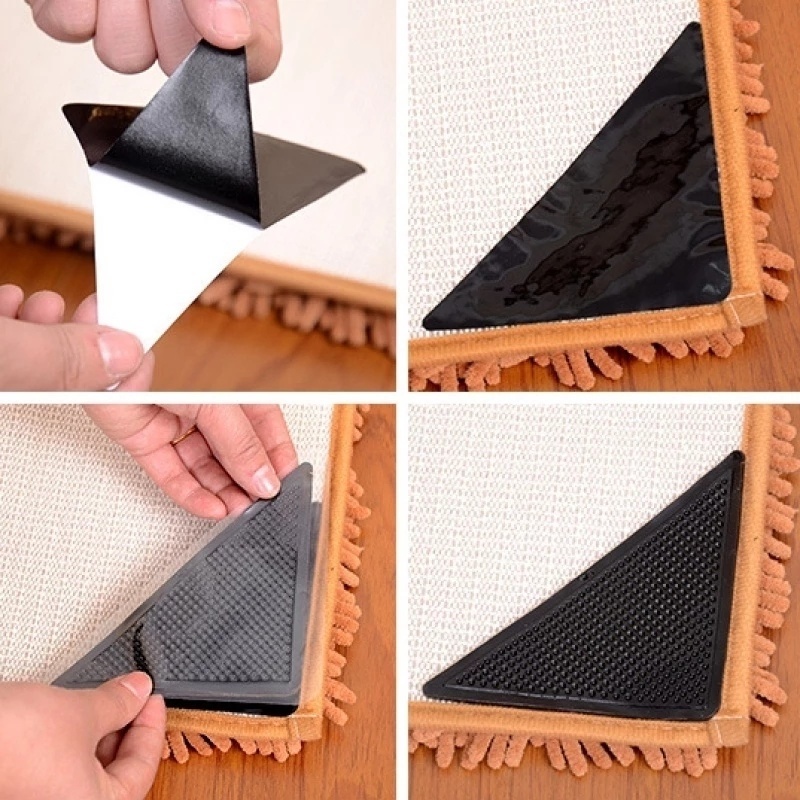 Set 4 Miếng Dán Bằng PU Hình Tam Giác Chống Trượt Màu Đen Có Thể Tái Sử Dụng Cho Thảm Lót Sàn Nhà