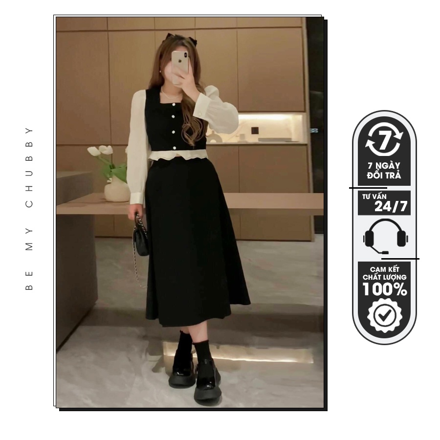 Set Áo Peplum Cổ Vuông + Chân Váy Đen Dài Bigsize Dưới 85kg │Be My Chubby - Thời Trang Bigsize Nữ
