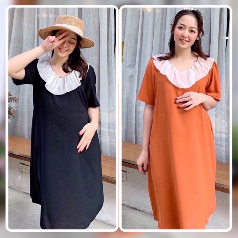 Đầm Bầu, Váy Bầu Thiết Kế Dáng Suông Phối Cổ Lụa Bèo Cực Sang Chảnh và Xinh Yêu - V21