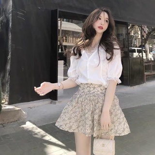 SẴN ~ Set áo thô pha ren phối chân váy xếp hoa