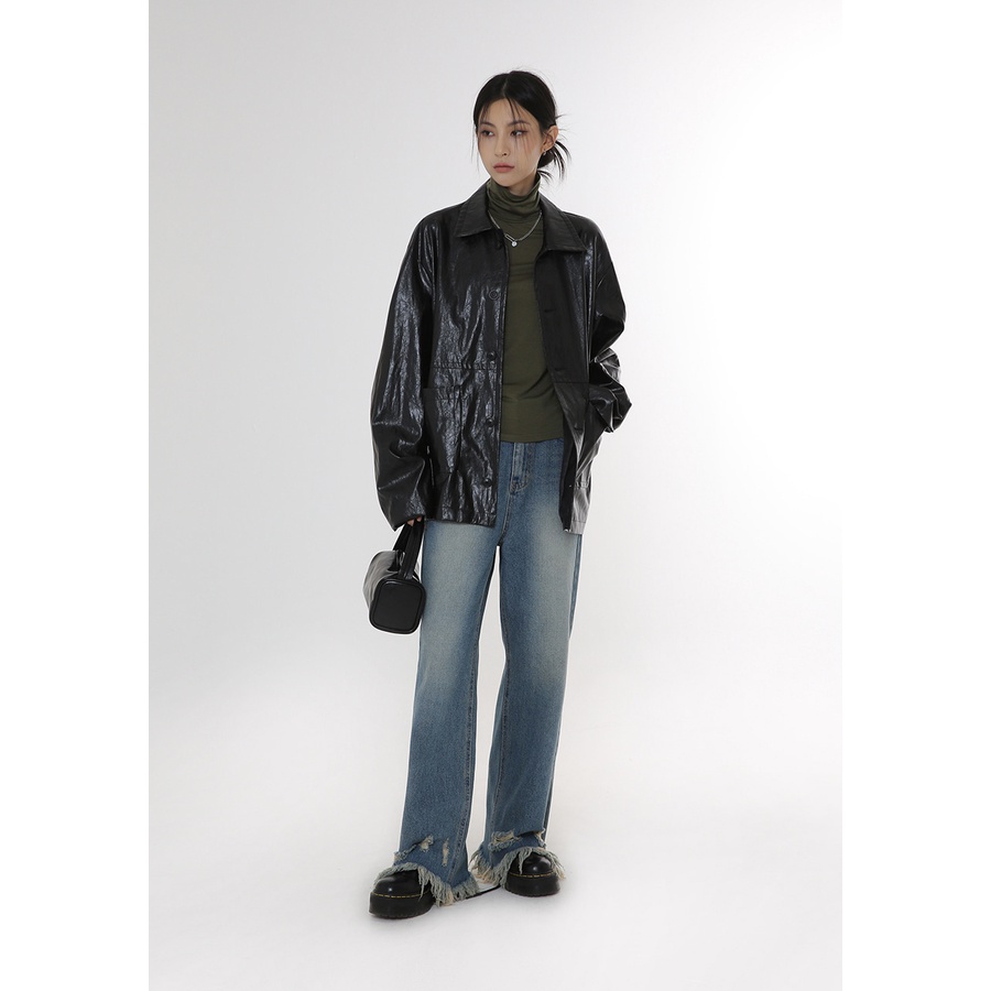 Quần jean nữ ZHELIHANGFEI ống rộng cạp cao thiết kế rách cá tính