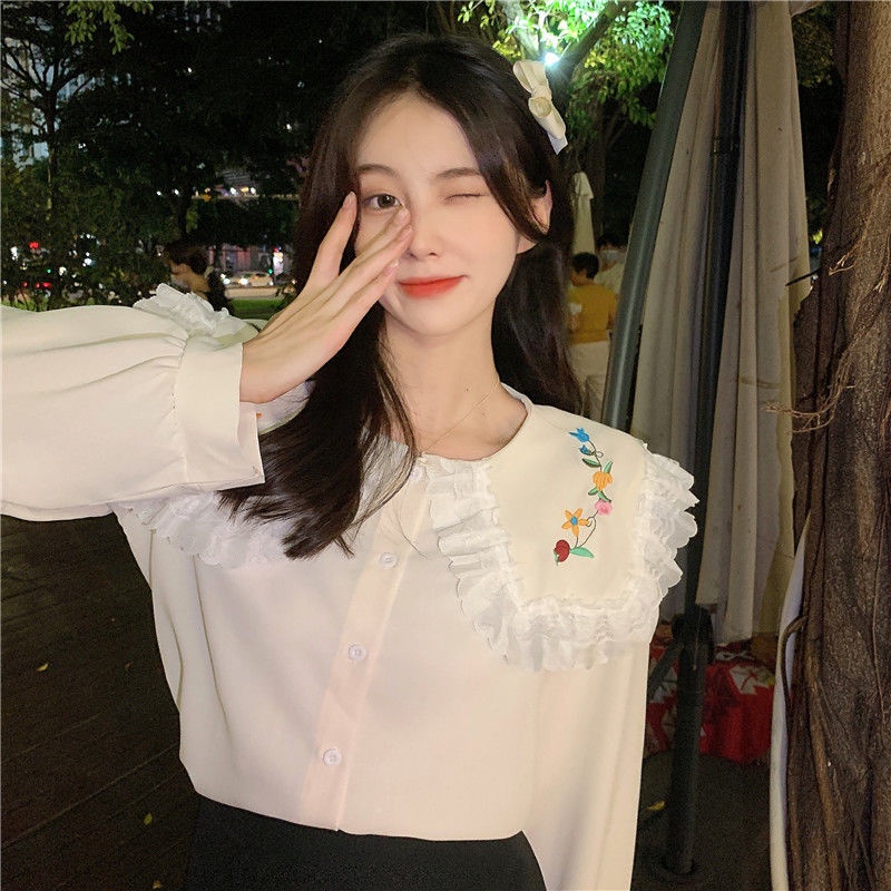 Áo Kiểu Tay Dài Cổ Búp Bê Phối Ren Thêu Họa Tiết Xinh Xắn Cho Nữ