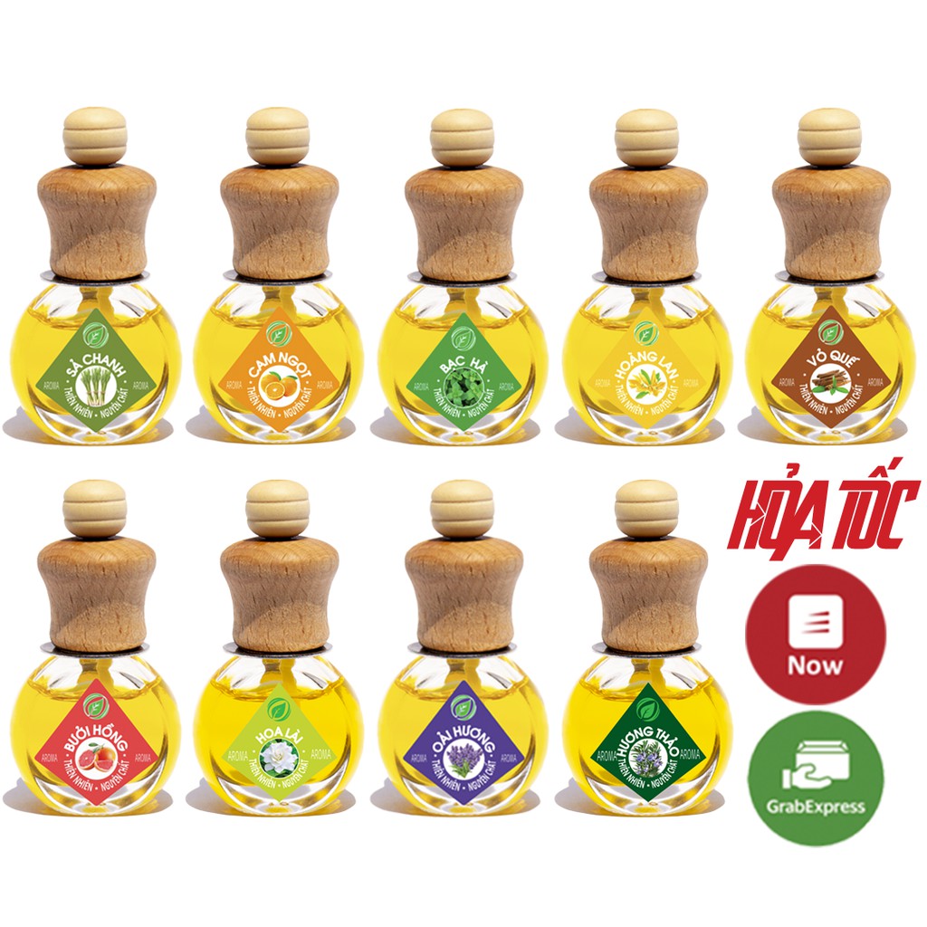 Tinh dầu AROMA tự khuếch tán thơm phòng, chai tròn dẹp có kẹp treo, nhiều mùi tự chọn 8ml