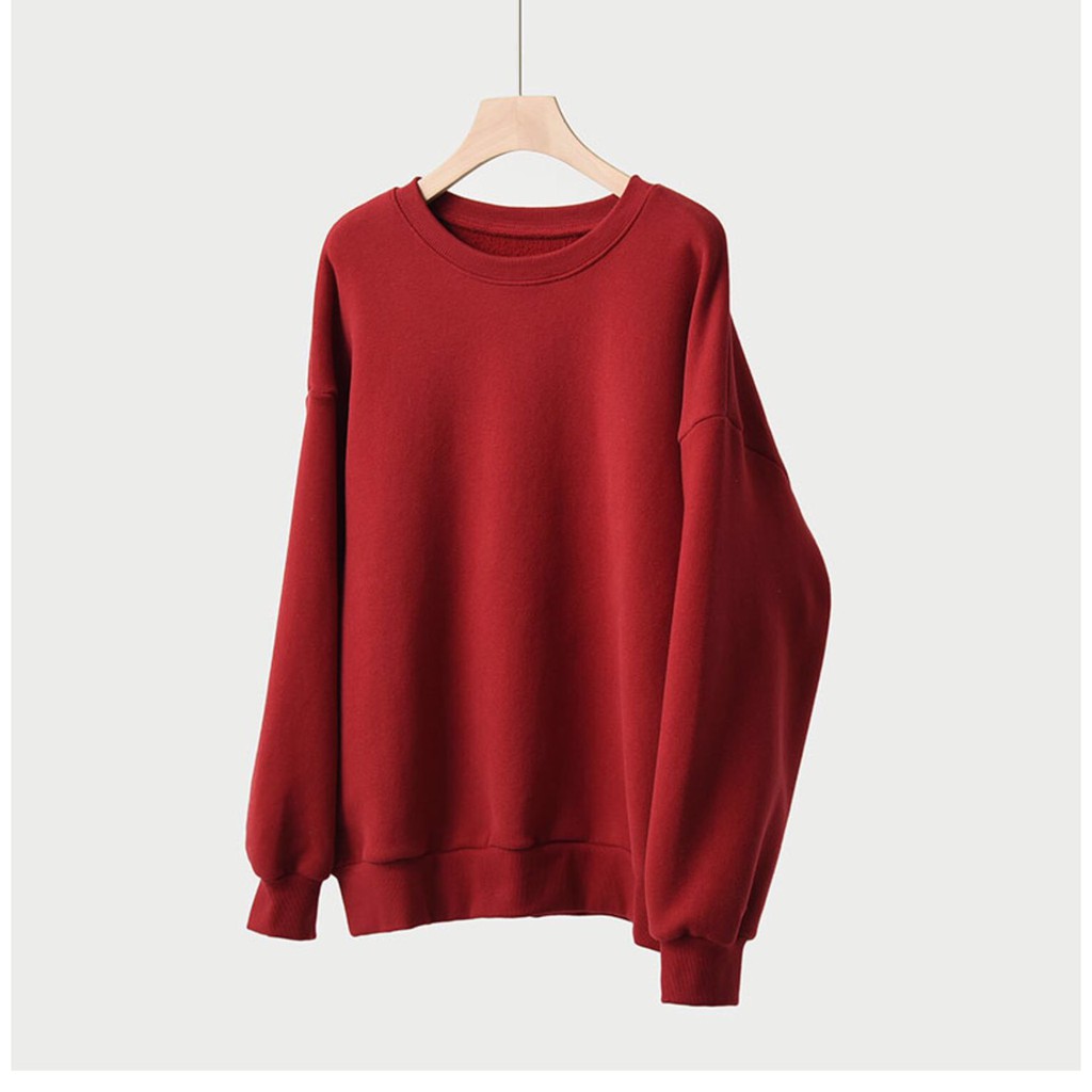 Áo Sweater Cổ Tròn Dài Tay NAM Nữ Màu Đỏ Chất Vải Nỉ Poly Hàng Freesize 1 Cỡ Form Dáng Rộng Dưới 65kg Mặc Vừa (Trơn)