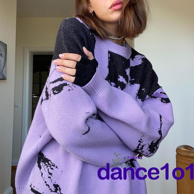 Áo Sweater Tay Dài Cổ Tròn Dáng Rộng In Hình Chân Dung Cho Nữ