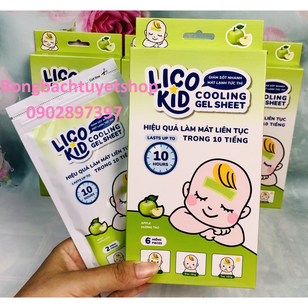 Miến dán hạ sốt Lico kid giúp giảm sốt nhanh, mát lạnh tức thời, hạ nhiệt - Miếng dán lạnh hạ sốt cho bé (6 miếng/ Hộp)