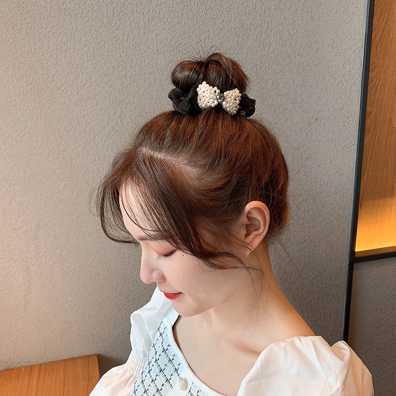 Dây Cột Tóc Nơ Họa Tiết Chấm Bi Đen Đính Ngọc Trai Phong Cách Hàn Quốc