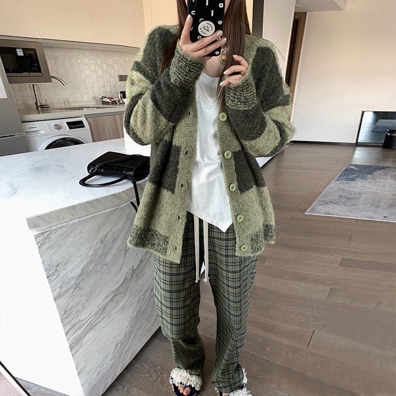 Áo khoác cardigan ZHELIHANGFEI dệt kim tay dài dáng rộng họa tiết kẻ sọc thời trang