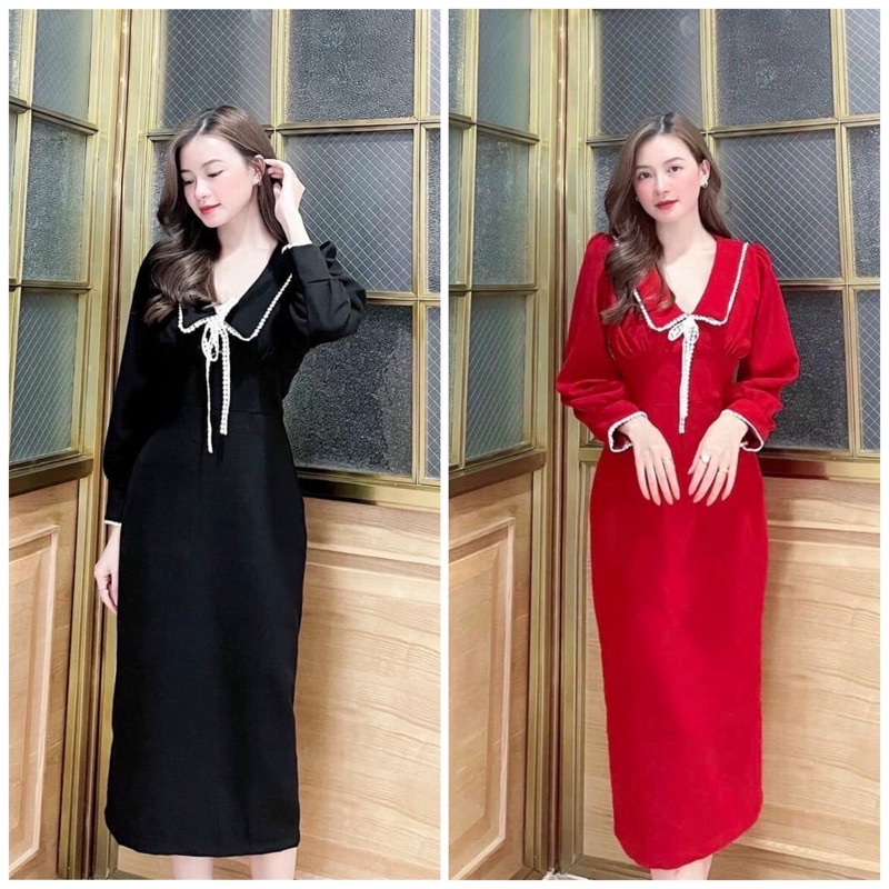 [FREESHIP] Đầm midi cổ peter tay dài viền ren bi trắng màu đỏ/đen NÀNG CLOSET
