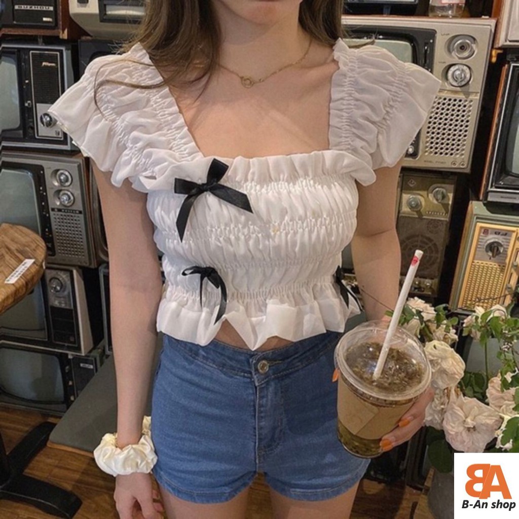 Áo 2 dây nhún thun ôm body kiểu phối nơ cá tính