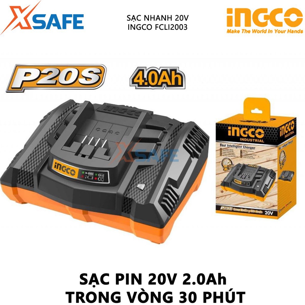 Sạc nhanh 20V INGCO FCLI2003 đế sạc pin 20V 2.0Ah trong 30 phút, 20V 4.0Ah trong 1 giờ, dòng sạc 4A - chính hãng