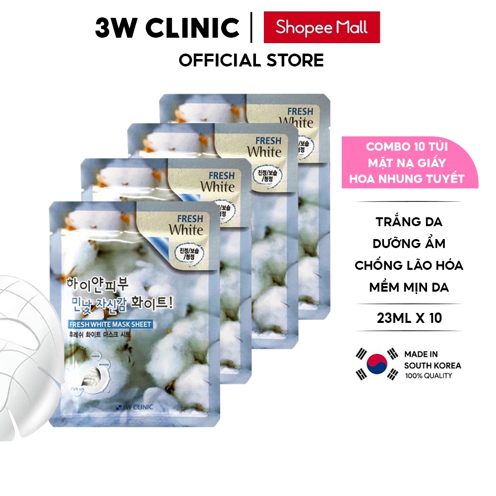 Combo 10 Túi Mặt nạ giấy dưỡng trắng da dưỡng ẩm chiết xuất từ Hoa Nhung Tuyết 3W Clinic Hàn Quốc 23mlx10