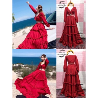(miễn phí chỉnh váy) sét maxi boho áo và chân váy tầng đi du lịch đi biển check in chụp hình sống ảo