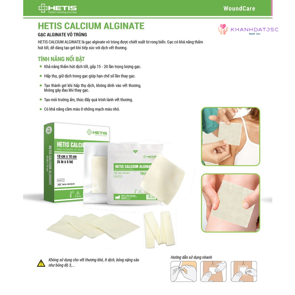 Gạc vô trùng HETIS Calcium Alginate thấm hút dịch cao, giải phóng ion canxi tăng khả năng cầm máu