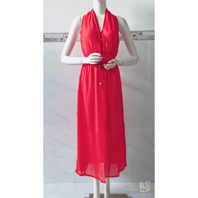 [hình thật]đầm maxi đi biển cổ buộc chifon mềm mịn có lót bên trong (47-55ký)