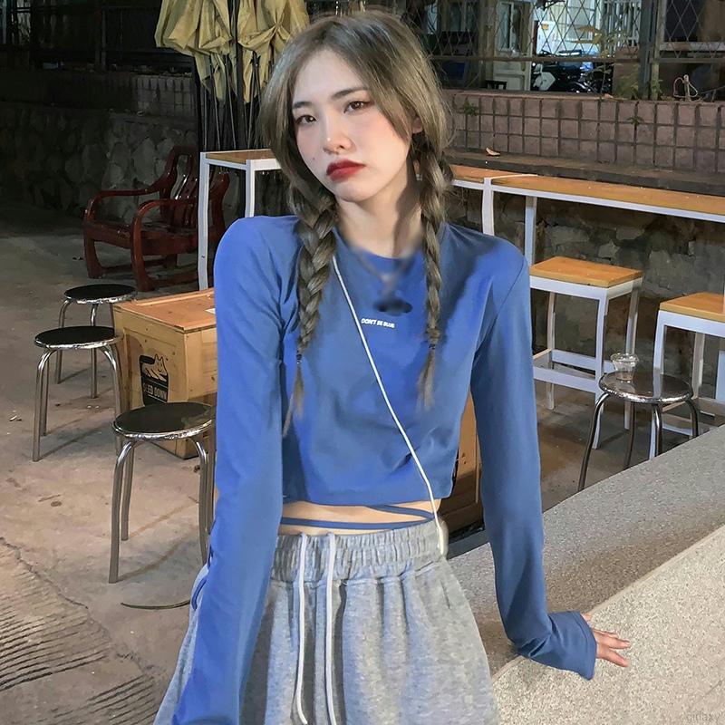 Áo thun croptop tay dài cổ tròn màu sắc đơn giản phong cách Hàn Quốc cho nữ