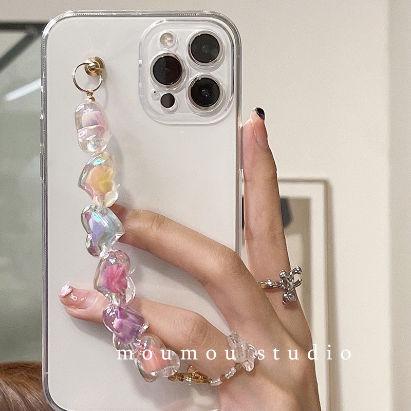 iPhone 14 Pro Max 13 Pro Max Ốp điện thoại mềm trong suốt có dây đeo tay hình trái tim màu kẹo t