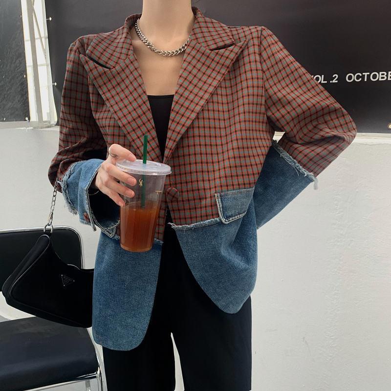 IELGY     Áo Khoác denim Dáng Rộng Phối Màu Sắc Tương Phản Thời Trang Cho Nữ