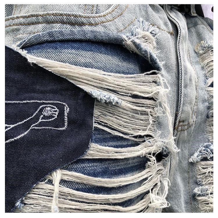 Quần Jeans ông rộng rách lưa tưa phối hoa tiết vá phong cách đường phố, Quần Jeans hiphop oversize Streetwear