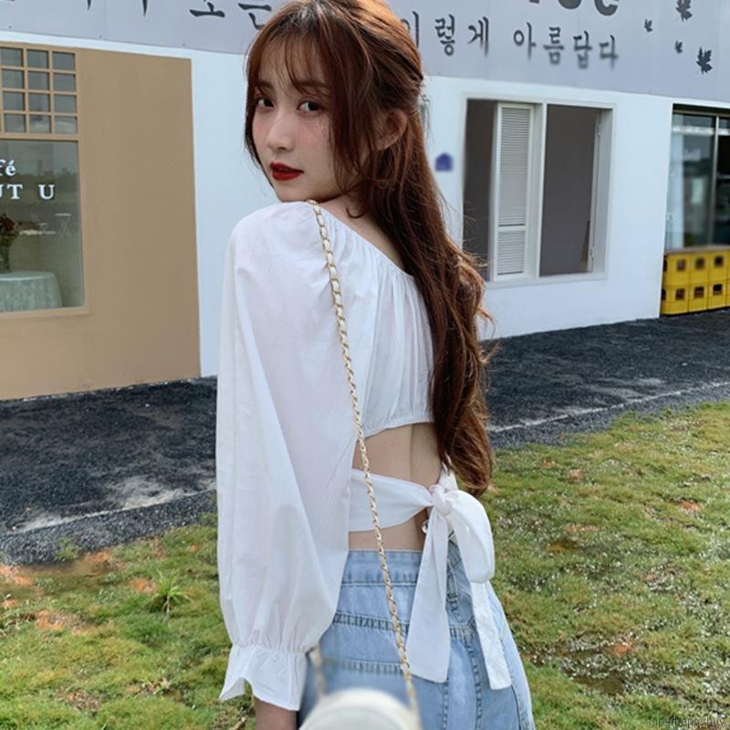 Áo croptop phong cách Hàn Quốc tay dài cổ vuông màu trơn phối nơ phía sau ngọt ngào gợi cảm cho nữ