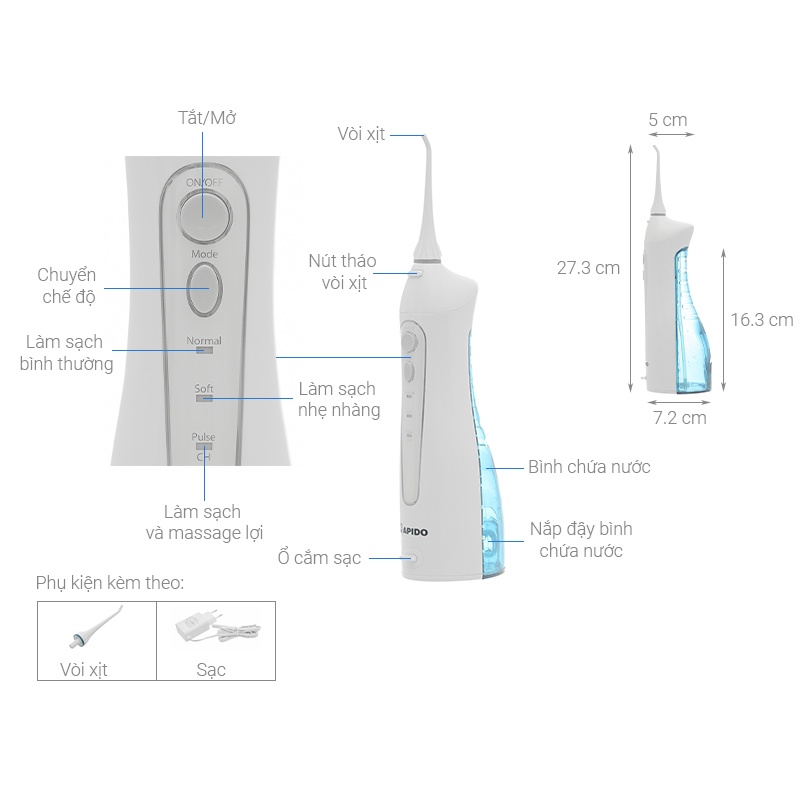 Máy tăm nước nha khoa Rapido RWF150 công nghệ Đức – loại bỏ mảng bám cao răng - Bảo hành 12 tháng