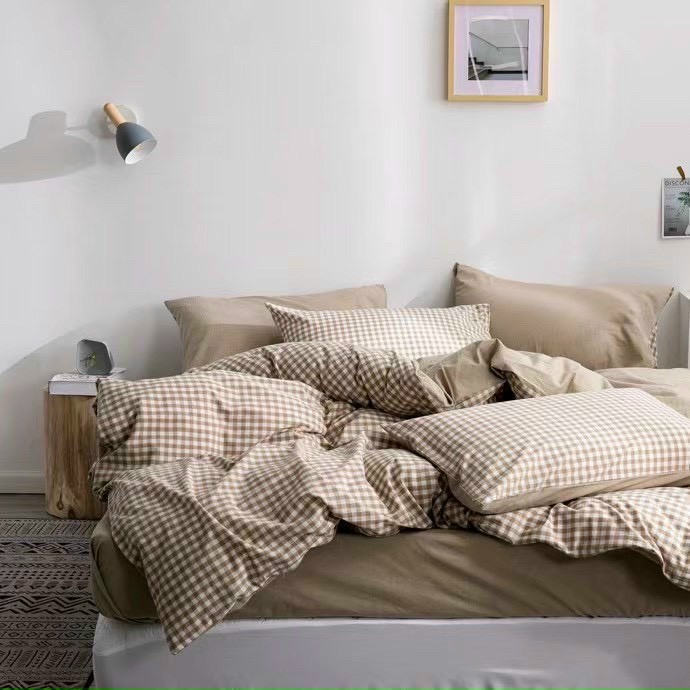 Bộ chăn ga gối cotton poly LIDACO Caro nâu be ga chun