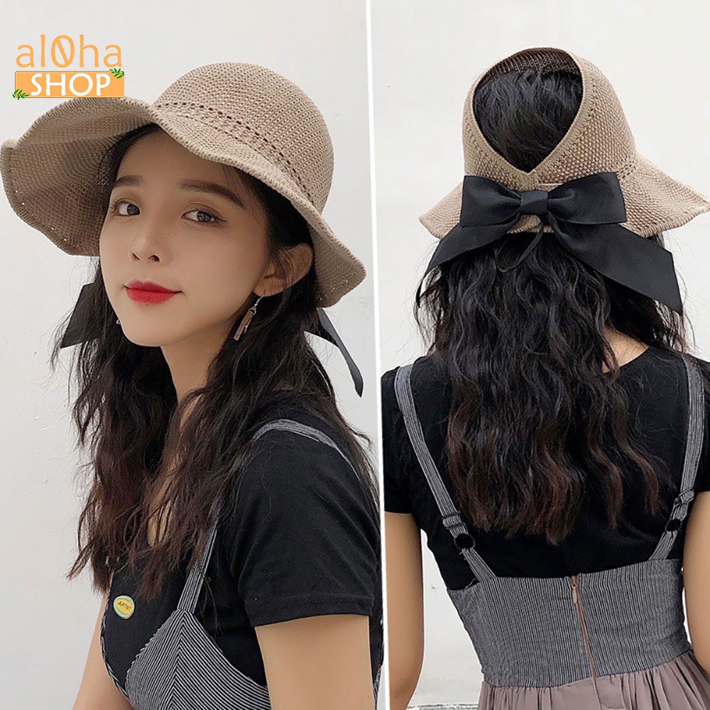 Mũ cói mềm hở chóp nơ sau - nón cói vành rộng chống nắng, đi biển phong cách