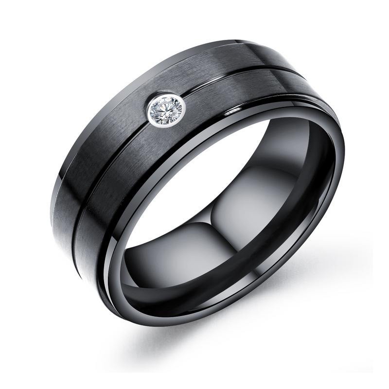 Nhẫn Cưới Thép Titan Màu Đen Đính Đá Zirconia Mặt Nhám Thoải Mái Vừa Vặn Cho Nam