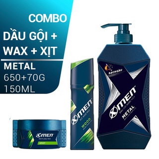Combo dầu gội x-men nước hoa metal 650g+sáp vuốt tóc spiky 70g+xịt khử mùi x-men wood 150ml