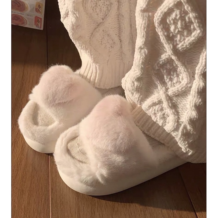 Dép bông đi trong nhà hình trái tim chuẩn hãng Xixitiao đế cao 3.5cm lót lông mềm mịn ấm áp